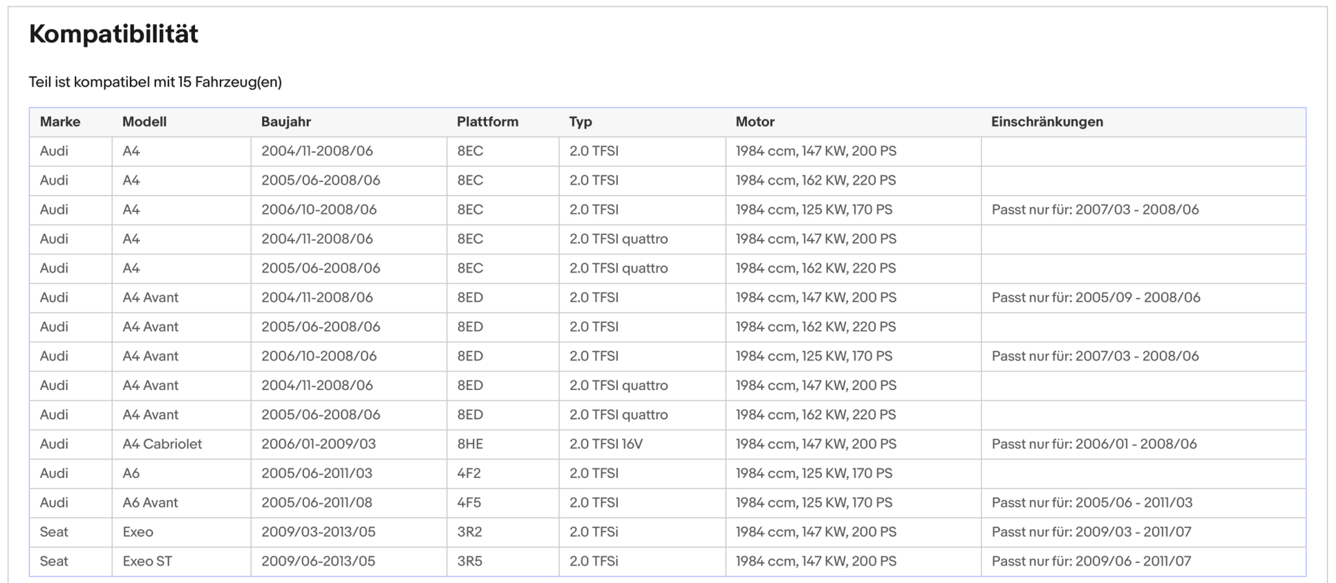 Katalysator Audi A4/A6, Seat, Exeo, 2.0 TFSI, quattro, 125/147/162kW, Euro 4 - KatDoc