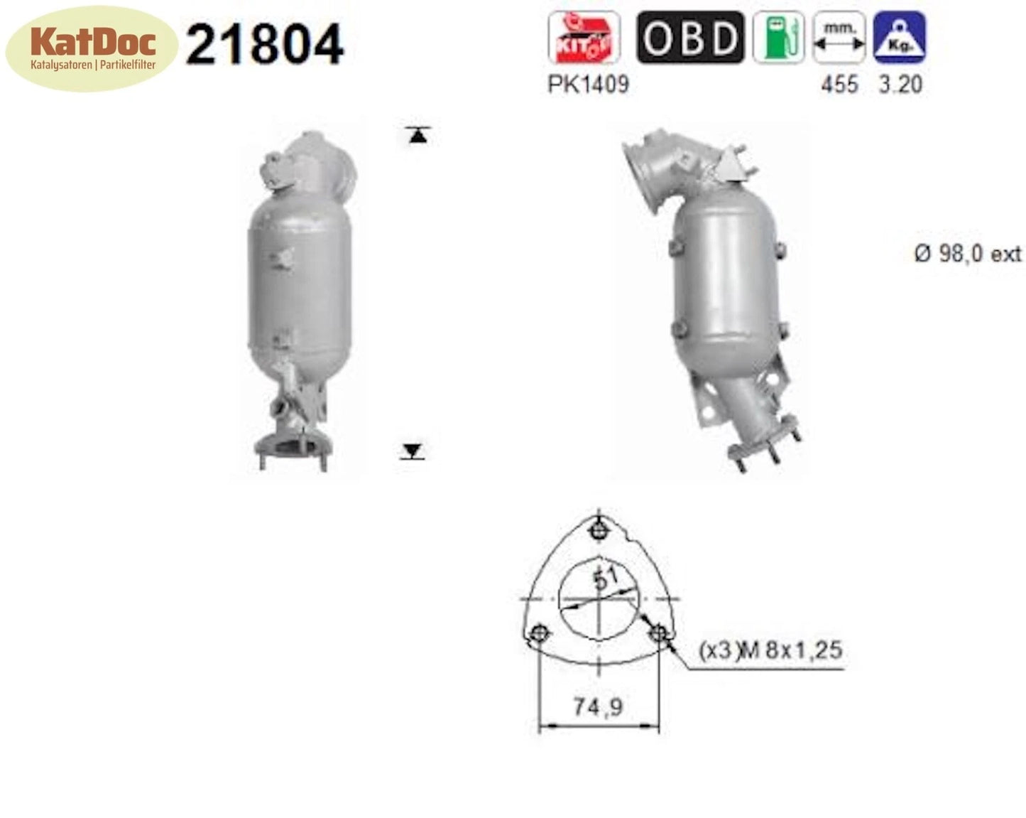 Katalysator für Opel Adam, Astra K, Corsa E, 1.0 66/77/85kW, Euro 6 - KatDoc