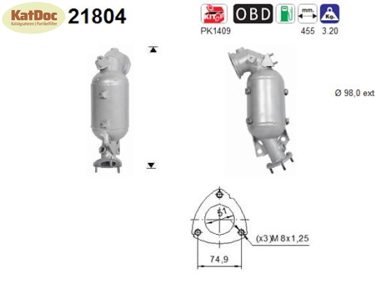 Katalysator für Opel Adam, Astra K, Corsa E, 1.0 66/77/85kW, Euro 6 - KatDoc