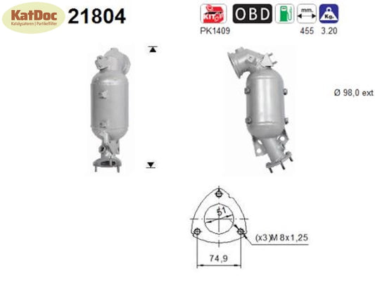 Katalysator für Opel Adam, Astra K, Corsa E, 1.0 66/77/85kW, Euro 6 - KatDoc