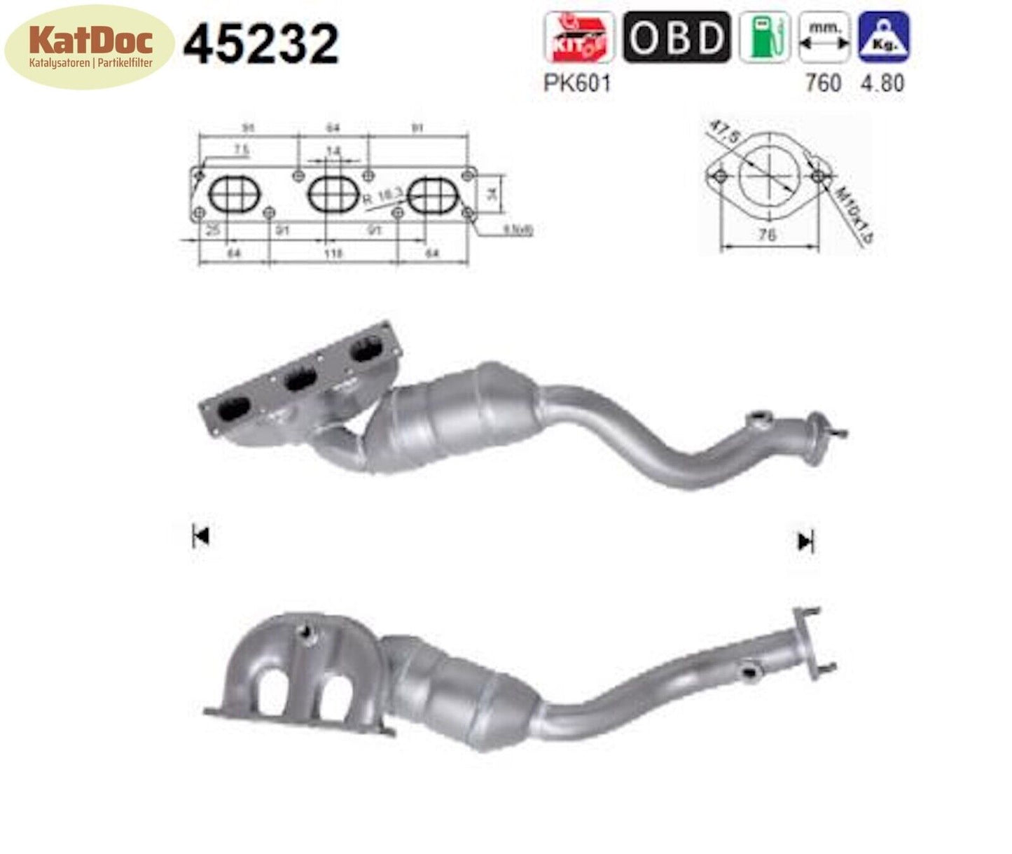Katalysator für BMW 5er(E39)/7er/X5, 2.2/2.5/3.0, 125/141/170kW, 760mm, Euro 3 - KatDoc